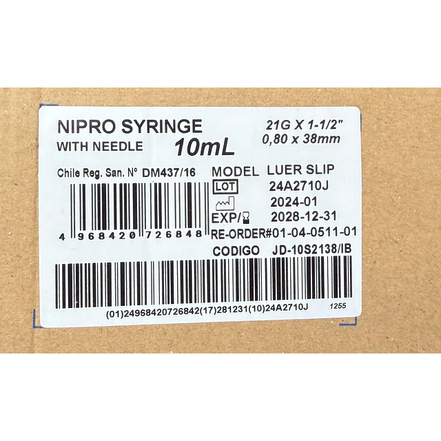 Jeringa Desechable Nipro 10ml Luer slip 21g X 1 1/2 Caja 100 Unidades