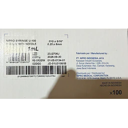 Jeringa Desechable Nipro 1ml Insulina 31g X 5/16 Caja 100 Unidades