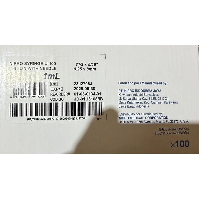 Jeringa Desechable Nipro 1ml Insulina 31g X 5/16 Caja 100 Unidades