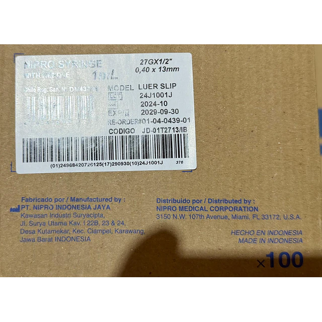 Jeringa Desechable Nipro 1ml Luer Slip Tuberculina 27g X 1/2 Caja 100 Unidades 