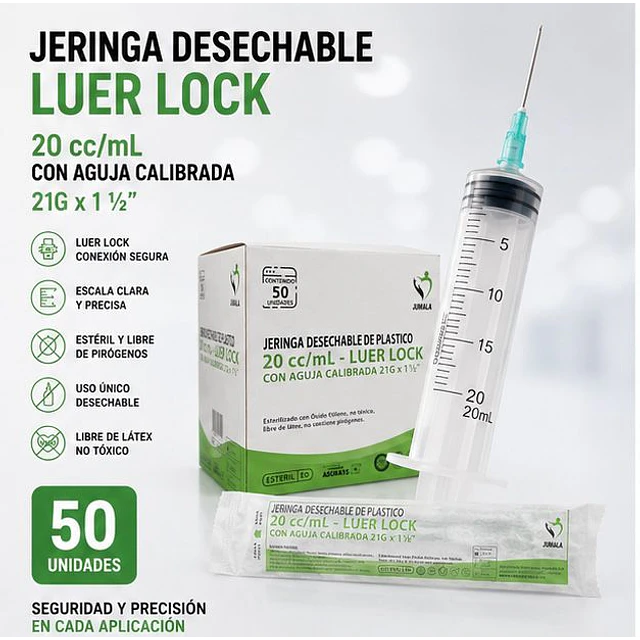 Jeringa 20ml Luer Lock 21G x 1 1/2 Desechable - Jumala 