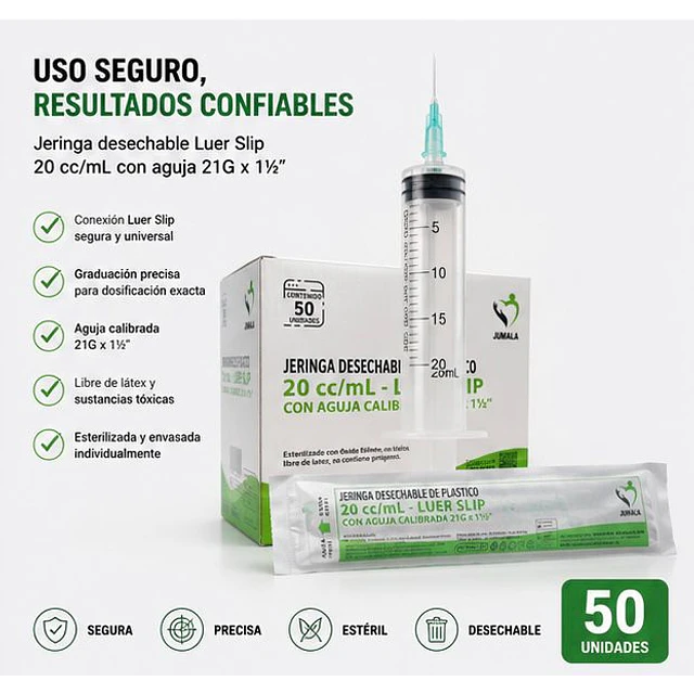 Jeringa 20ml Luer Slip 21G x 1 1/2 Desechable - Jumala 
