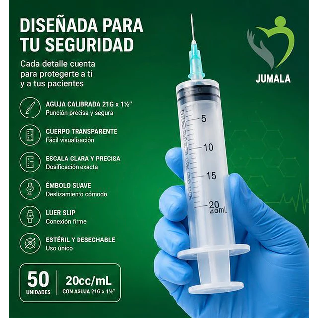 Jeringa 20ml Luer Slip 21G x 1 1/2 Desechable - Jumala 