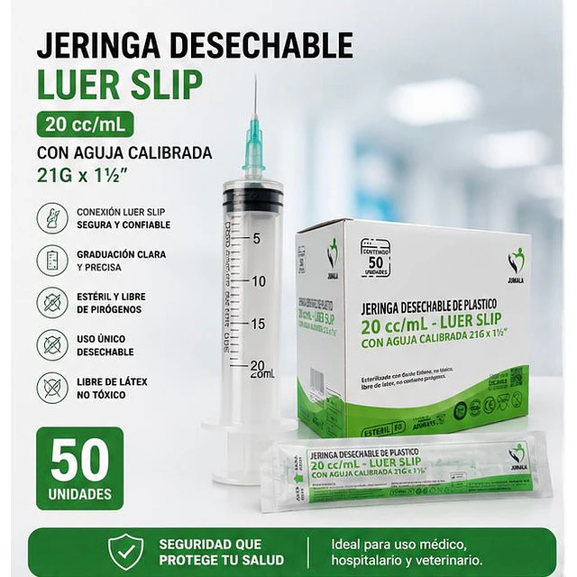 Jeringa 20ml Luer Slip 21G x 1 1/2 Desechable - Jumala 
