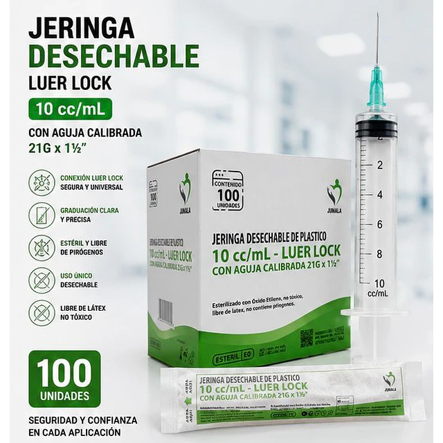 Jeringa 10ml Luer Lock 21G x 1 1/2 Desechable - Jumala 