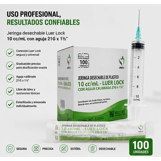 Jeringa 10ml Luer Lock 21G x 1 1/2 Desechable - Jumala 