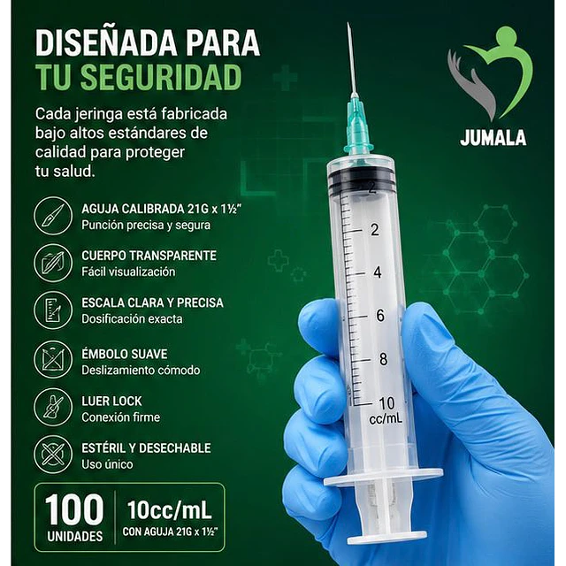 Jeringa 10ml Luer Lock 21G x 1 1/2 Desechable - Jumala 