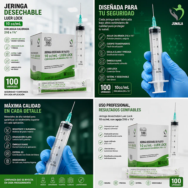 Jeringa 10ml Luer Lock 21G x 1 1/2 Desechable - Jumala 