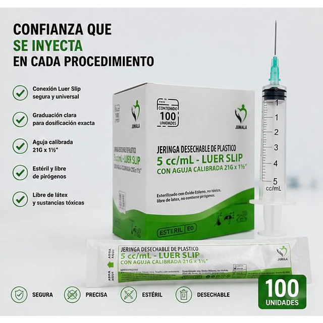 Jeringa 5ml Luer Slip 21G x 1 1/2 Desechable - Jumala 