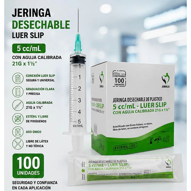 Jeringa 5ml Luer Slip 21G x 1 1/2 Desechable - Jumala 