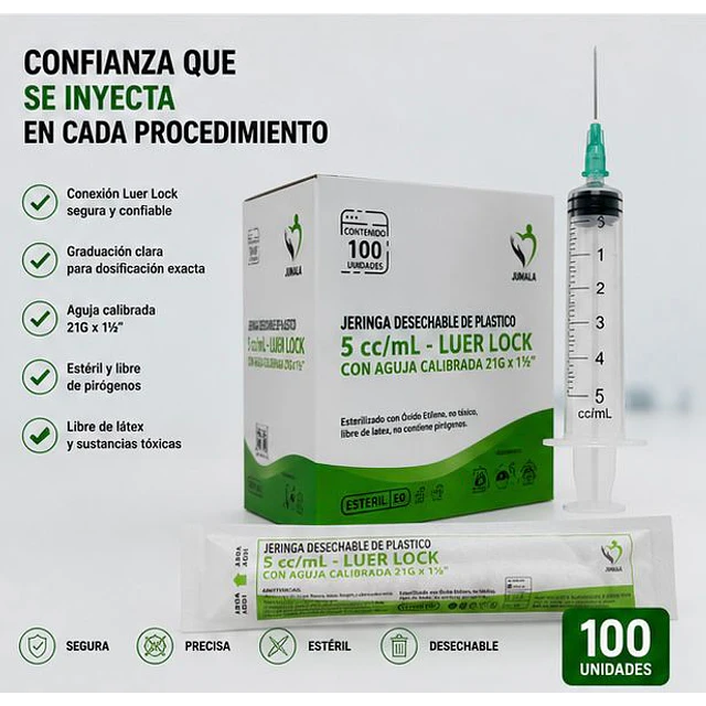 Jeringa 5ml Luer Lock 21G x 1 1/2 Desechable - Jumala 