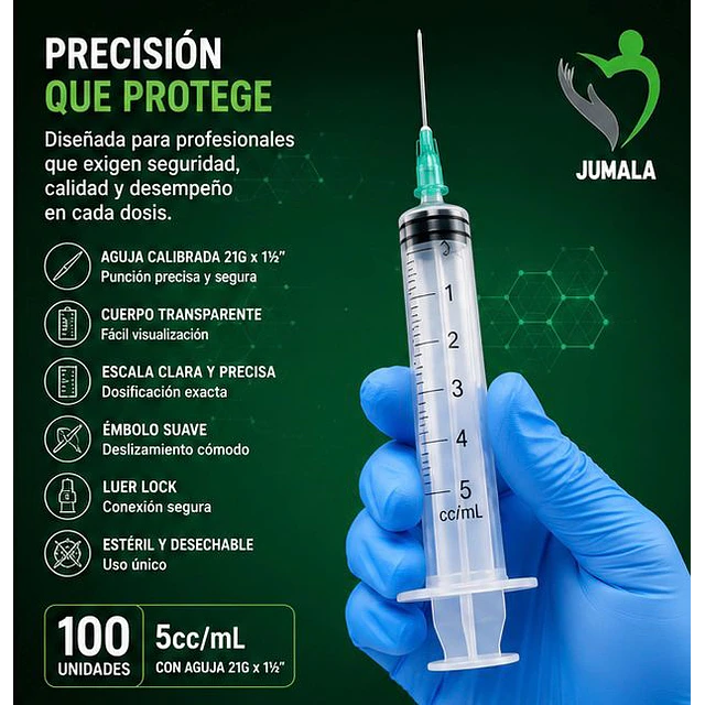 Jeringa 5ml Luer Lock 21G x 1 1/2 Desechable - Jumala 