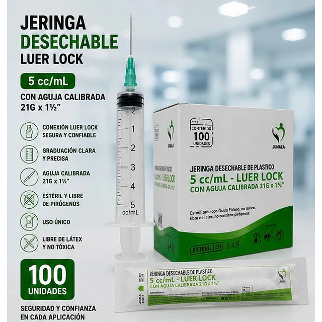 Jeringa 5ml Luer Lock 21G x 1 1/2 Desechable - Jumala 