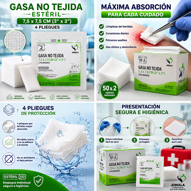 Gasa No Tejida Estéril Jumala 7,5 x 7,5 CM 4 Pliegues