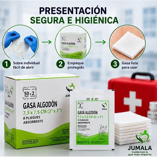 Gasa Algodón Estéril Jumala 7,5x7,5 Caja 50 Unidades 