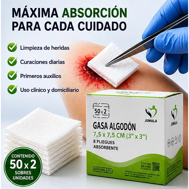 Gasa Algodón Estéril Jumala 7,5x7,5 Caja 50 Unidades 