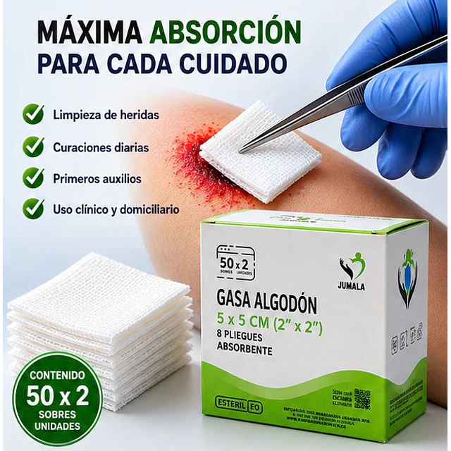 Gasa Algodón Estéril Jumala 5x5 Caja 50 Unidades 