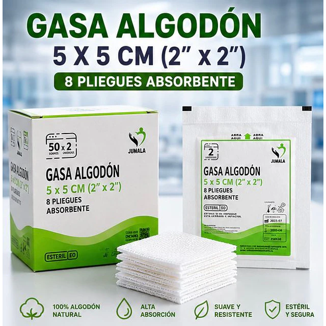 Gasa Algodón Estéril Jumala 5x5 Caja 50 Unidades 