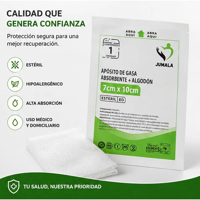 Aposito Gasa + Algodón Esteril Jumala 7x10 10 Unidades