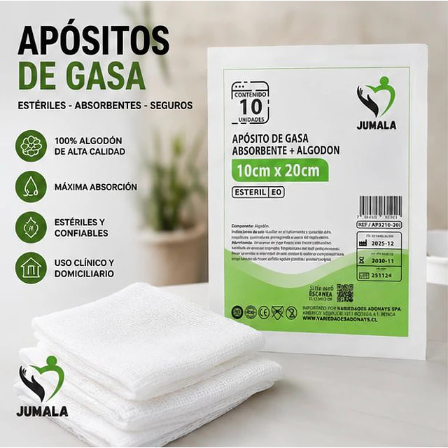 Aposito Gasa + Algodón Esteril Jumala 10x20 10 Unidades
