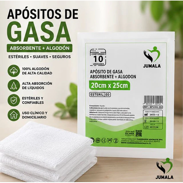 Aposito Gasa + Algodón Esteril Jumala 20x25 10 Unidades