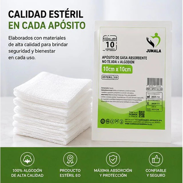 Apósito De Gasa Estéril Jumala 10x10 No Tejida 10 Unidades