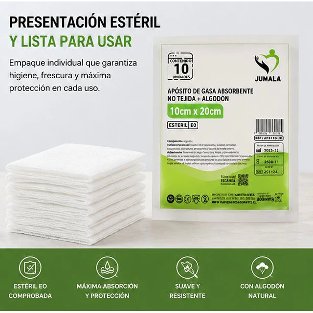 Apósito De Gasa Estéril Jumala 10x20 No Tejida 10 Unidades