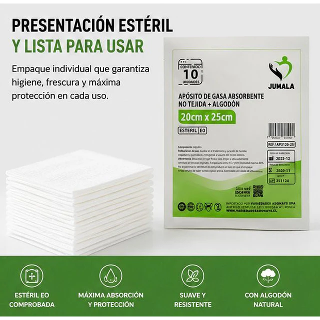 Apósito De Gasa Estéril Jumala 20x25 No Tejida 10 Unidades