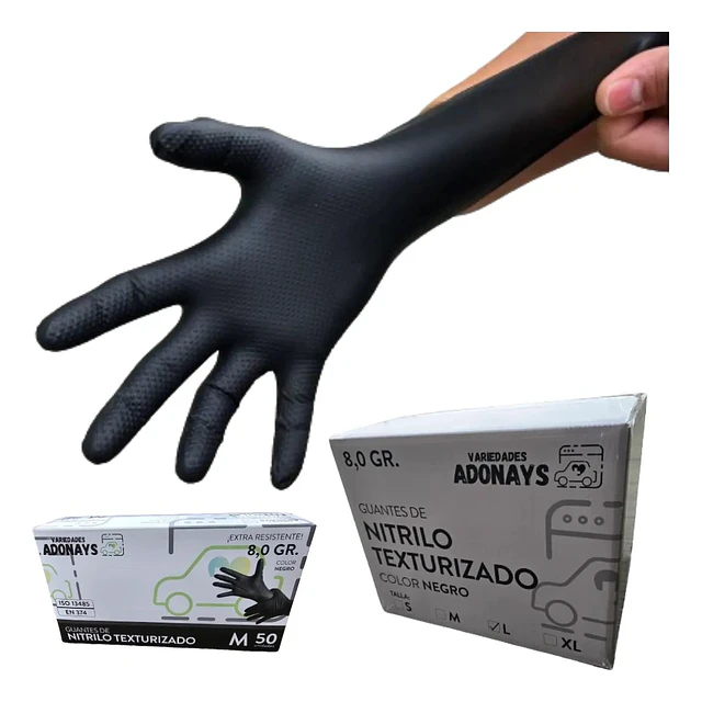 Guantes Nitrilo Texturizado Negro Profesional 50 Uni 8,0gr