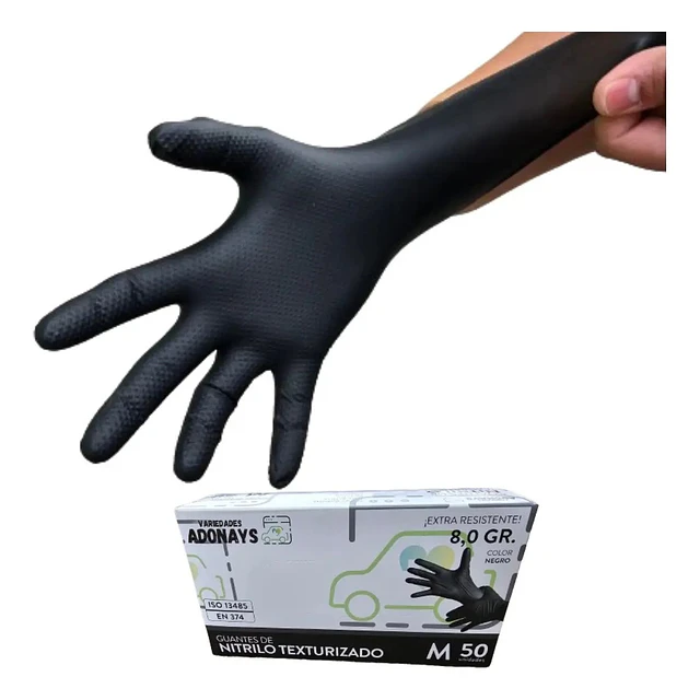 Guantes Nitrilo Texturizado Negro Profesional 50 Uni 8,0gr