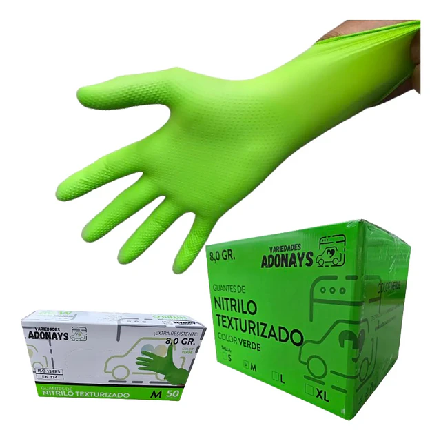 Guantes Nitrilo Texturizado Verde Profesional 50 Uni 8,0gr