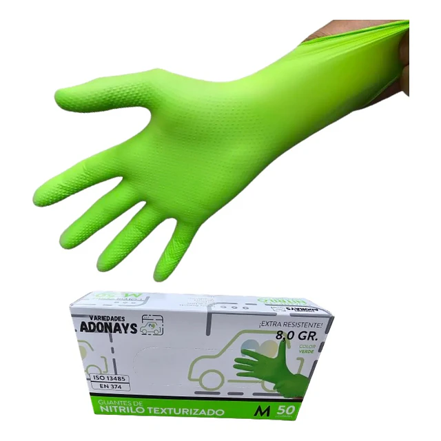 Guantes Nitrilo Texturizado Verde Profesional 50 Uni 8,0gr