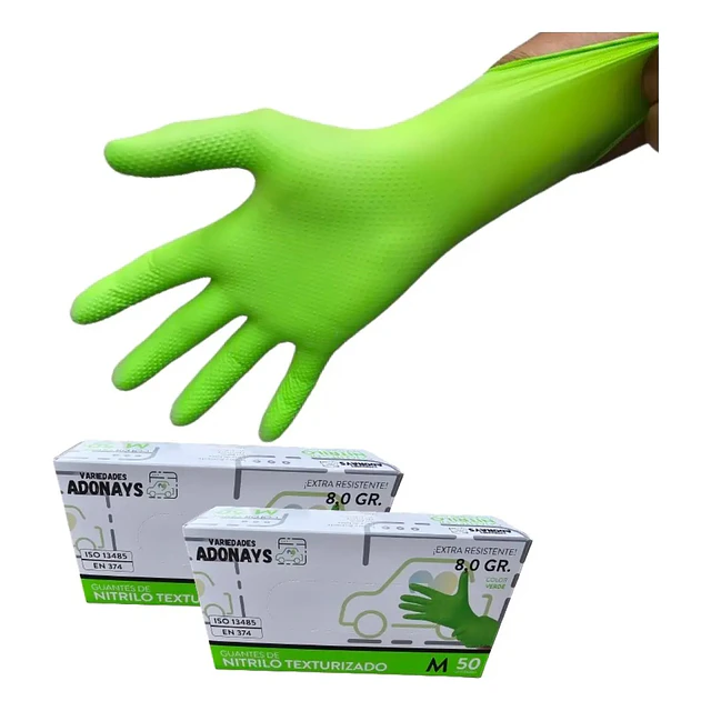 Guantes Nitrilo Texturizado Verde Profesional 50 Uni 8,0gr