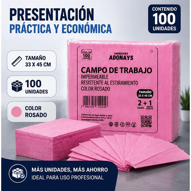 Campo de Trabajo, Servilleta, Pecheras color Rosado. (Empaque de 100 unidades)