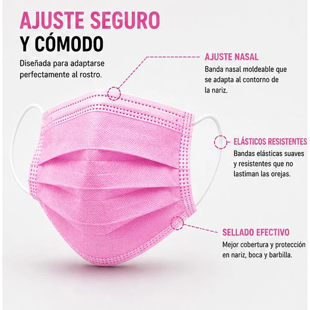 Mascarillas Desechable 3 Pliegues Variedades Adonays - Color Rosado - 50 Unidades