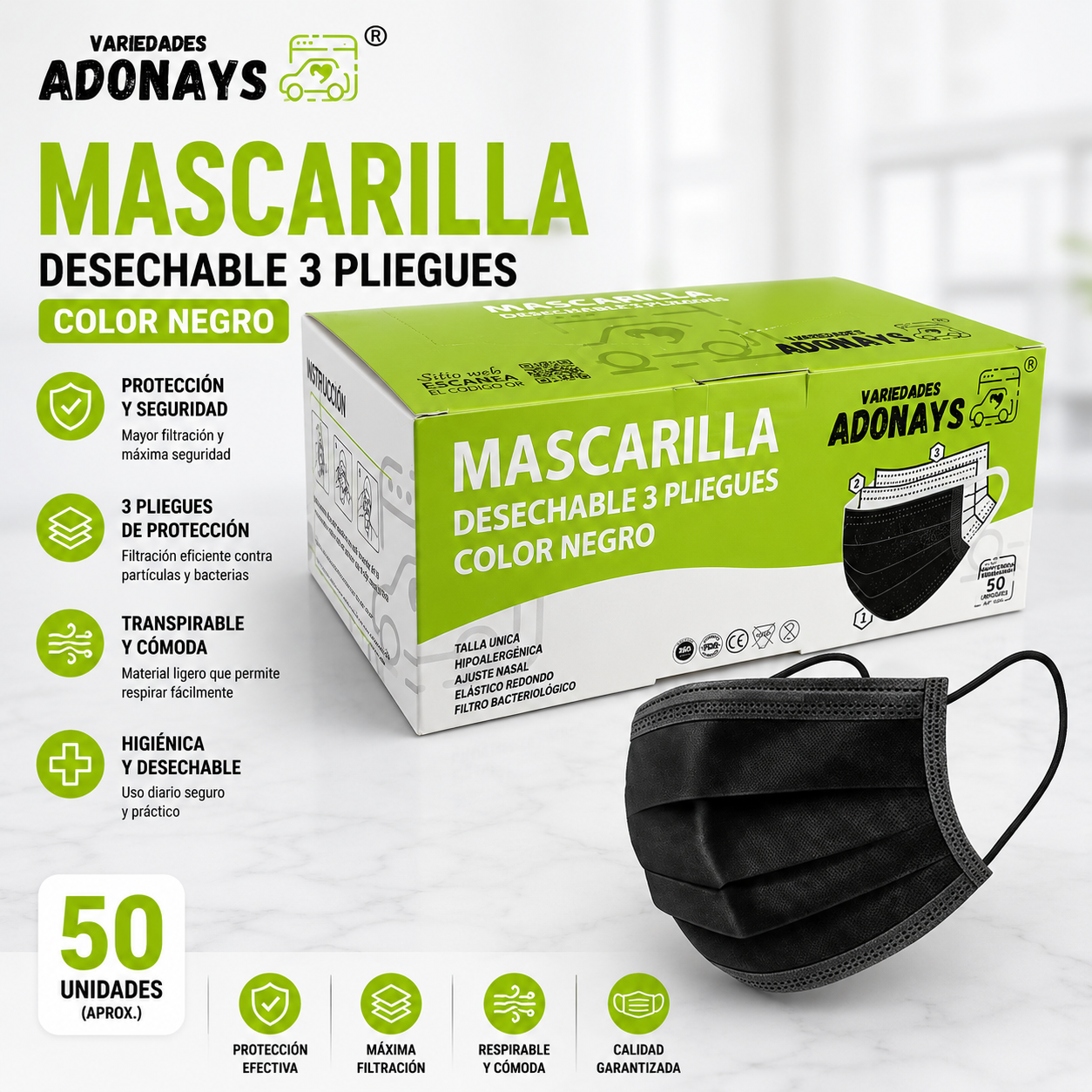 MASCARILLAS DESECHABLES 3 PLIEGUES VARIEDADES ADONAYS-NEGRA