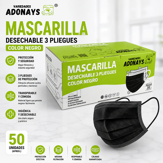 Mascarillas Desechable 3 Pliegues Variedades Adonays - Color Negra - 50 unidades