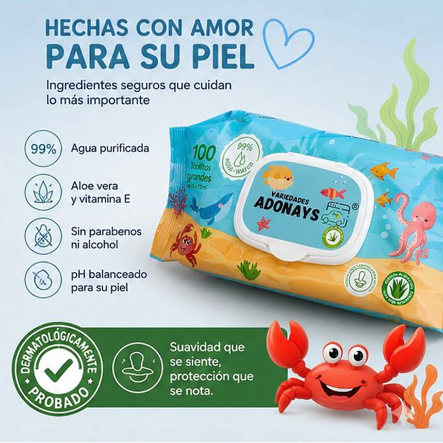 Toallitas Húmedas Fragancia Aloe Vera, Variedades Adonays 100 Unidades 