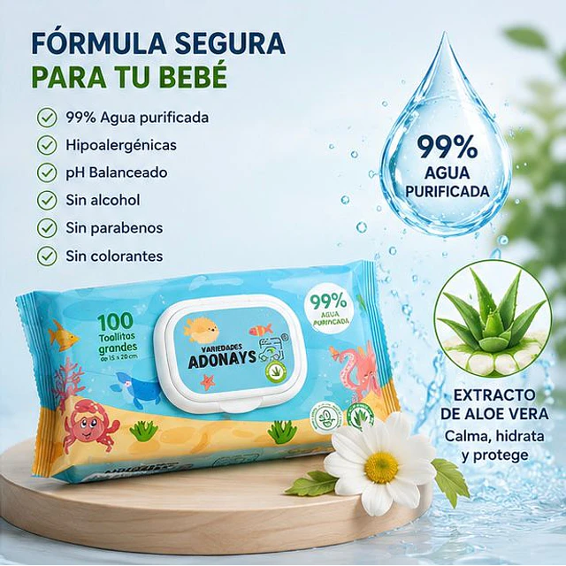 Toallitas Húmedas Sin Fragancia, Variedades Adonays 100 Unidades 