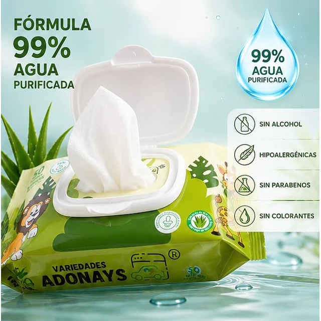 Toallitas Húmedas Fragancia Aloe vera, Variedades Adonays 50 Unidades 
