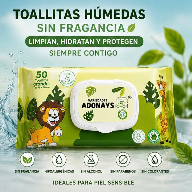 Toallitas Húmedas Sin Fragancia, Variedades Adonays 50 Unidades 