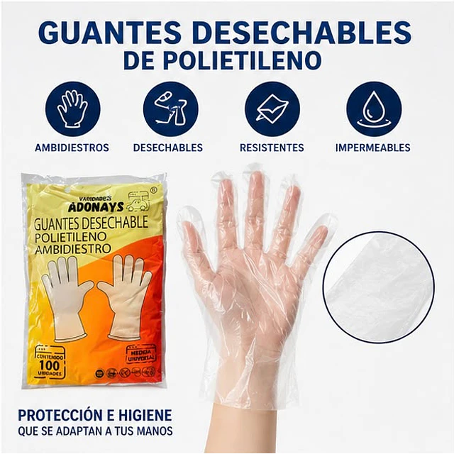 Guante Desechable Polietileno Variedades Adonays 100 unidades