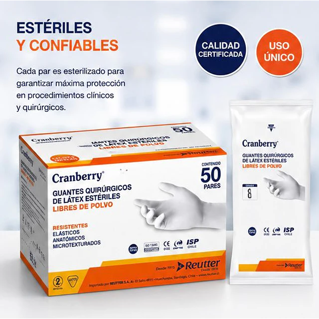 Guante Quirurgico Esteril Cranberry / Caja 50 Pares / Libres de Polvo