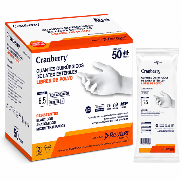 Guante Quirurgico Esteril Cranberry / Caja 50 Pares / Libres de Polvo