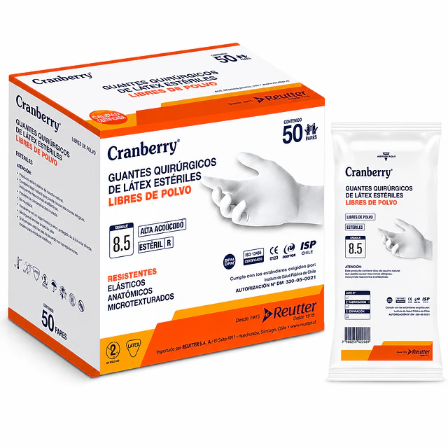 Guante Quirurgico Esteril Cranberry / Caja 50 Pares / Libres de Polvo