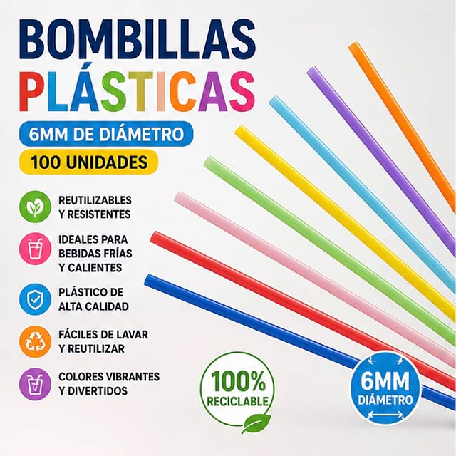 Bombilla Plastica Flex 6 Mm X 21 Cm Surtida Desechable