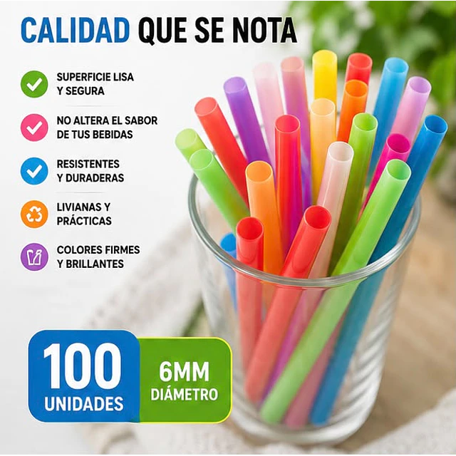 Bombilla Plastica Flex 6 Mm X 21 Cm Surtida Desechable