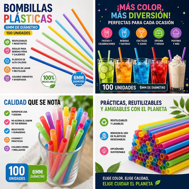 Bombilla Plastica Flex 6 Mm X 21 Cm Surtida Desechable
