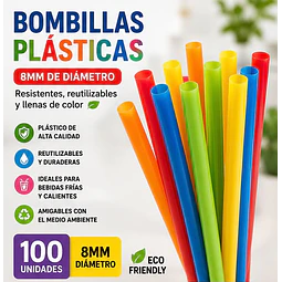 Bombilla Plastica 8 mm X 20.5 cm Surtida Desechable