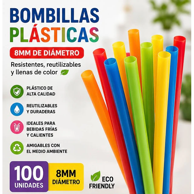 Bombilla Plastica 8 mm X 20.5 cm Surtida Desechable